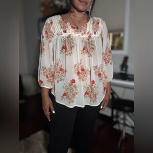 Forever 21 Cream and Red Floral Blouse